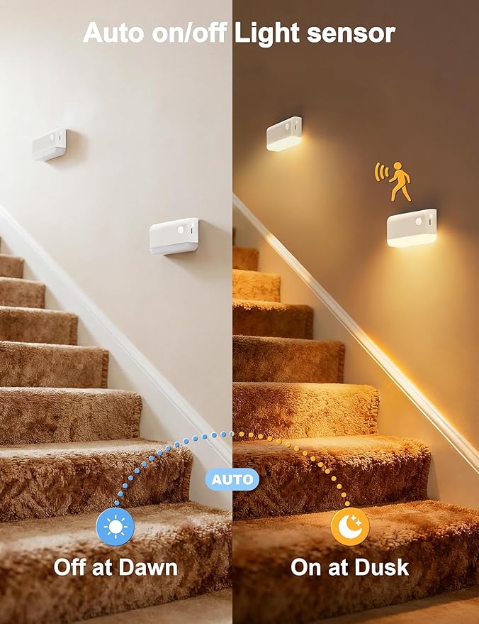 NIORSUN Motion Sensor Night Lights, 6 Pack White Rechargeable 2-Mode Stair Lights Indoor with 3 CCT, 1200mAh Battery for 4-Month Runtime, Magnetic Wireless Nightlight for Hallway, Stairs, Bathroom