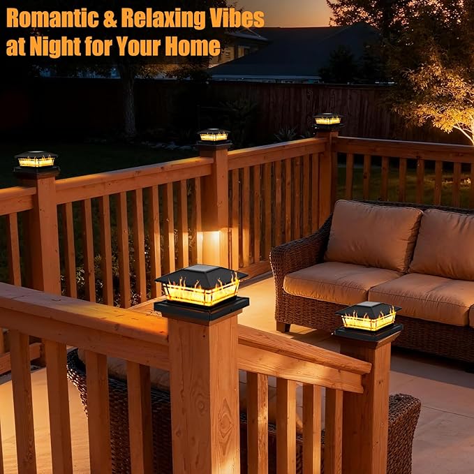 8 Pack Solar Flame Post Cap Lights, Flickering Flame & Warm Light Fence Post Solar Lights, Waterproof Deck Post Lights for Garden Yard Porch Patio for 4x4 5x5 6x6 Vinyl/Wooden Posts, Black