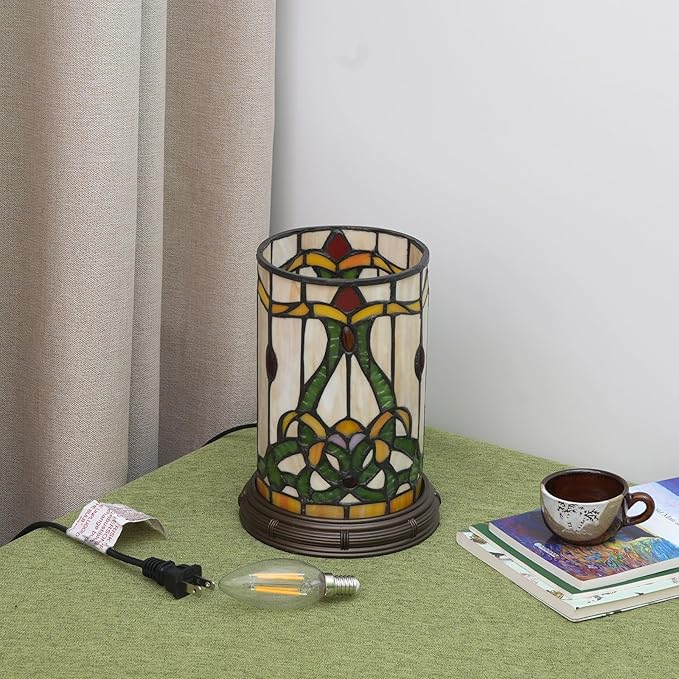 Tiffany Style Stained Glass Matam Table Lamp Living Room Bedroom Bedside Flower Vase Decor Small Night Light Cute Kids Accent E12 Led Cottage Aesthetic Nightstand Cylinder Vintage Desk Lamp