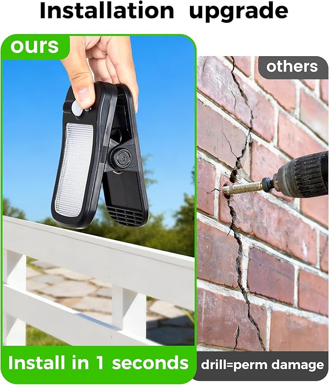 Clip on Solar Lights for Fence, 3 Modes Solar Motion Lights Outdoor Waterproof, 60LEDs 500LM Portable Security Light for Fence, Deck, Garage, Camping, USB Charging, 2 Black