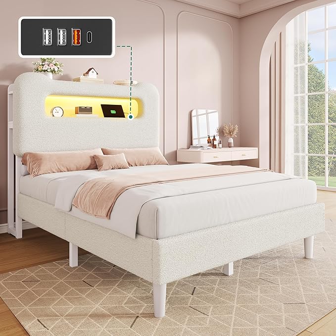 YITAHOME Twin Size Bed Frame, LED Bed Frame with Storage Headboard, Boucle Upholstered Bed with Outlet & USB Ports, No Box Spring Needed, Easy Assembly, Cream