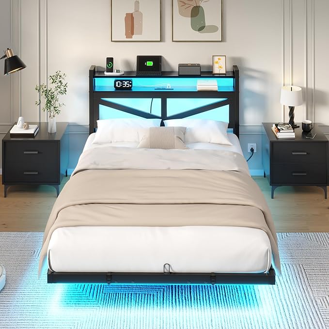 YITAHOME Queen Size Floating Bed Frame with USB Charging Station Storage Headboard and with Led Light, Heavy Duty Metal Platform Bed Frame, No Box Spring Needed, Easy Assembly and Noise Free, Black