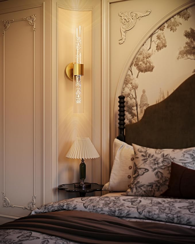 Gold Battery Operated Wall Sconce Set of Two, 22 Inch Rechargeable Wall Sconces with Remote, Crystal Bubble Cordless Wall Lamps for Living Room, Bedroom, Hallway, Entryway, Stairwell 3000K/4500K/6000K