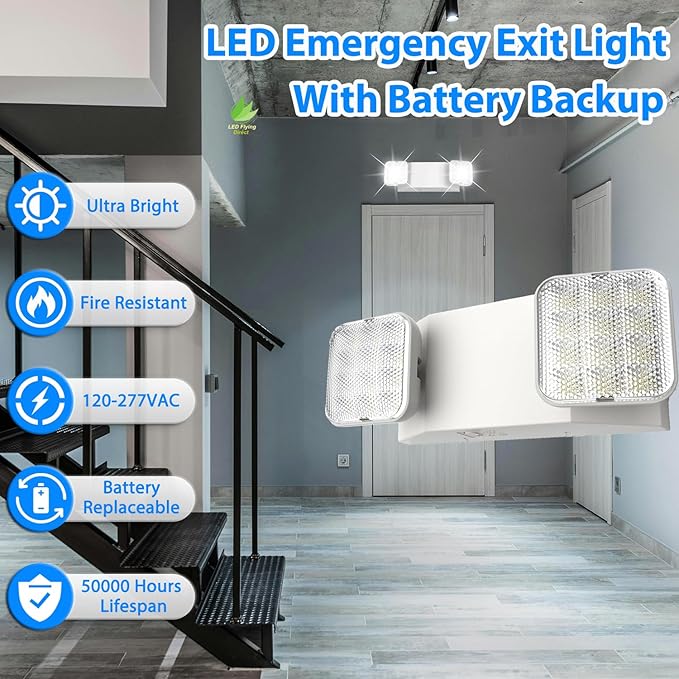 LED Emergency Lights with Battery Backup, Two Adjustable Heads Hardwired Emergency Exit Lighting Fixtures, US Standard Commercial Emergency Lights UL Listed, AC 120/277V for Business Office (4 Pack)