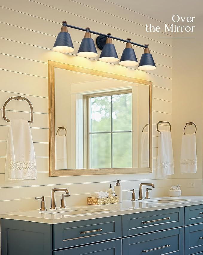 FEMILA 5 Light Bathroom Vanity Light, 37.4" Bathroom Lighting Fixtures Over Mirror, Blue Finish, E26 Base, 4FG59B-5W Blue