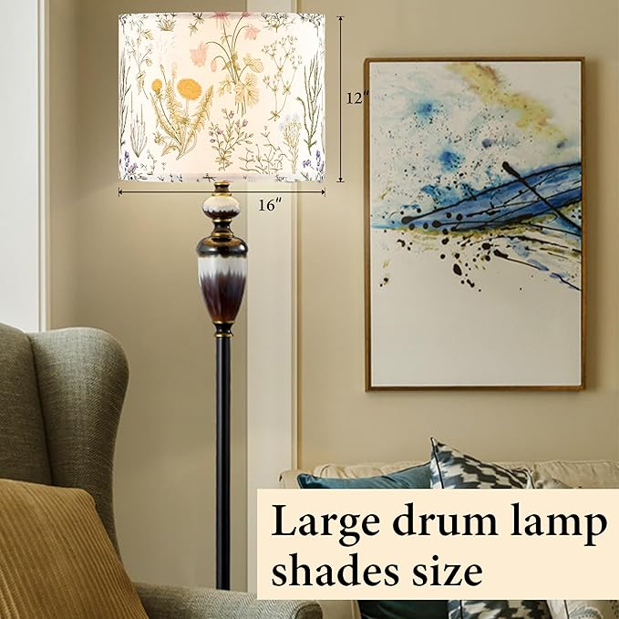 GO&SO Flowers and Leaves Pattern Design Drum Large Lamp Shade 1 Pack, 16" x 16" x 12", Spider E27 Base(1.65"),DIY Assembly with 3 Adapter (E26/E14/10mm),for Pendant Lighting/Table Lamps/Floor Lamps