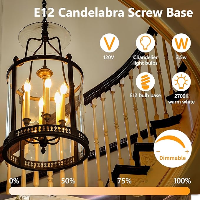 6Pack Candelabra Light Bulbs B11 Candle Light Bulbs E12 Led Bulb, Support 120V Dimming 3.5w Equivalent to 38w,Suitable for Chandelier Wall Lamp 2700K Warm White