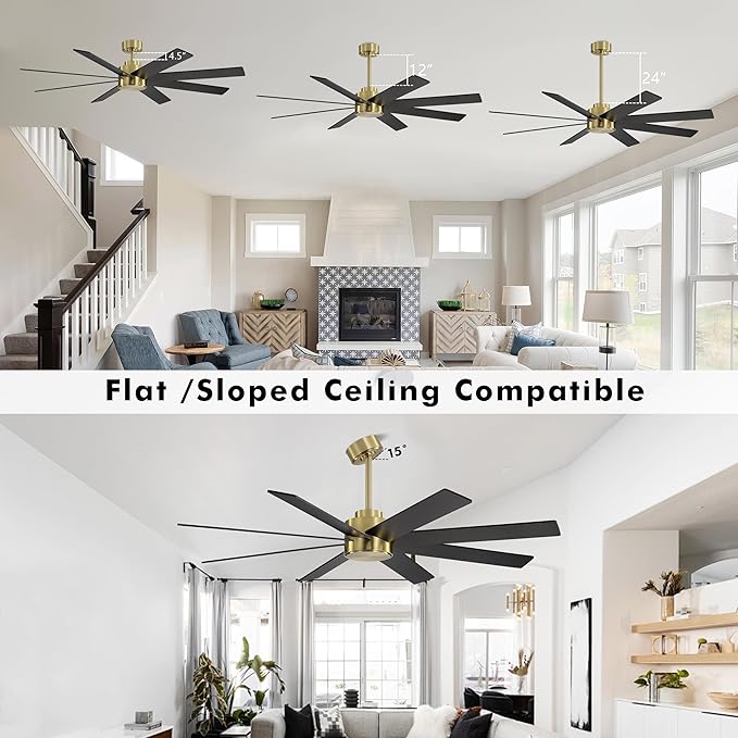 WINGBO 72" Large DC Ceiling Fans without Lights, 3 Downrods, 8 Plywood Blades, 6-Speeds Reversible DC Motor, Indoor Ceiling Fan No Lights for Bedroom Living Room Patio, Brass and Black
