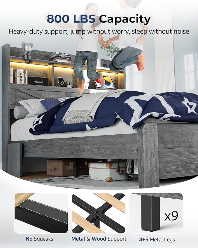 Full Size Bed Frame with 2-Tier Storage Headboard, LED Lights, Charging Station, 2 Drawers, 800lbs Capacity, Wood & Metal Platform, Noise-Free, No Box Spring Needed, Barn Door Design