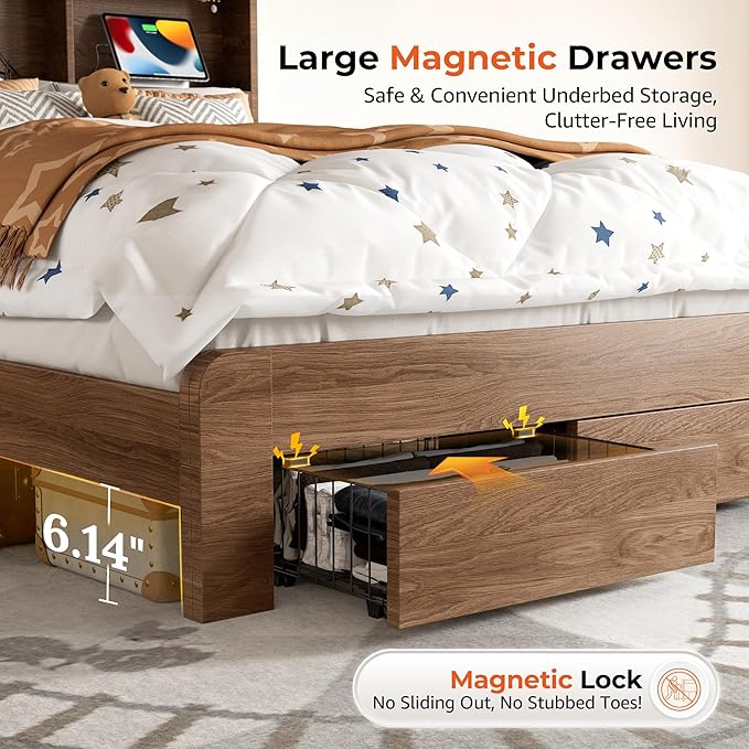 Full Size Bed Frame with 2-Tier Storage Headboard, LED Lights, Charging Station, 2 Drawers, 800lbs Capacity, Wood & Metal Platform, Noise-Free, No Box Spring Needed, Barn Door Design
