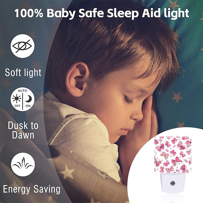 Cute Girl Butterfly Night Light, Watercolor Pink Butterflies Floral Dusk to Dawn Night Light Plug in,0.5w Energy Saving Sleep Friendly NightLight for Kids Boys Girls Home Decor