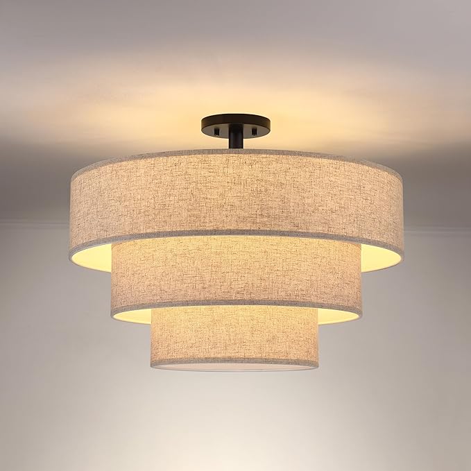 Doraimi Lighting 3 Tier Milky Apricot Linen Drum Fabric Semi Flush Mount Light Modern Farmhouse Decor 7 Light 24 Inch Black Finish for Kitchen Living Room Dining Room Corridor Hallway