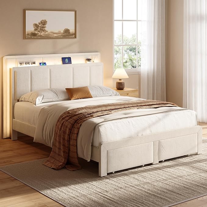 Queen Storage Bed Frame, Upholstered Platform Bed with 2 Drawers, Velvet Vertical Tufted Headboard with LED Lights & Charging Station, Wooden Slats Support, No Box Spring Needed, White