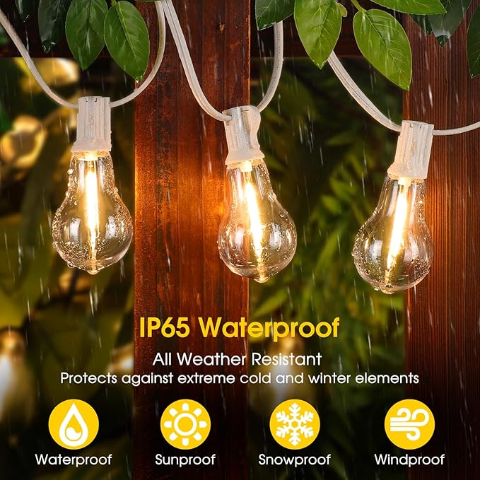 100FT Outdoor String Lights, LED Patio Lights with 32 Waterproof Shatterproof Dimmable A39 Hanging Bulbs(2 Spare) for Garden Wedding-White