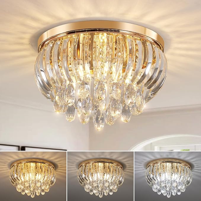 15.7 Inch Crystal Chandelier Gold,Modern 5-Lights Crystal Flush Mount LED K9 Chandeliers Light Fixture for Bedroom Dining Living Room Hallway E12