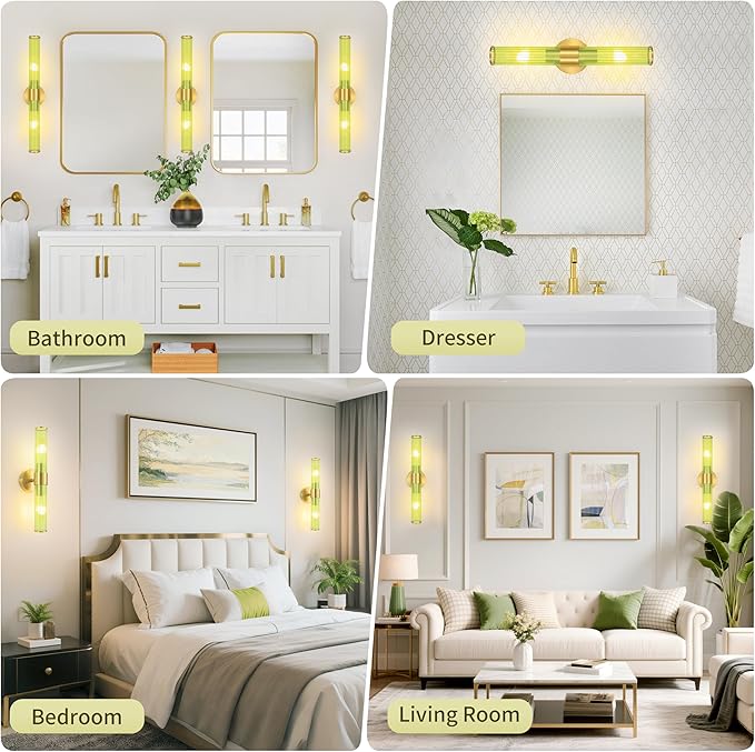 Gold Battery Operated Wall Sconces Set of 2, Rechargeable Wall Lights with Remote Control, 20 Inch Modern Wireless Wall Lamp for Bedroom, Living Room with Green Shade (Bulbs Included)