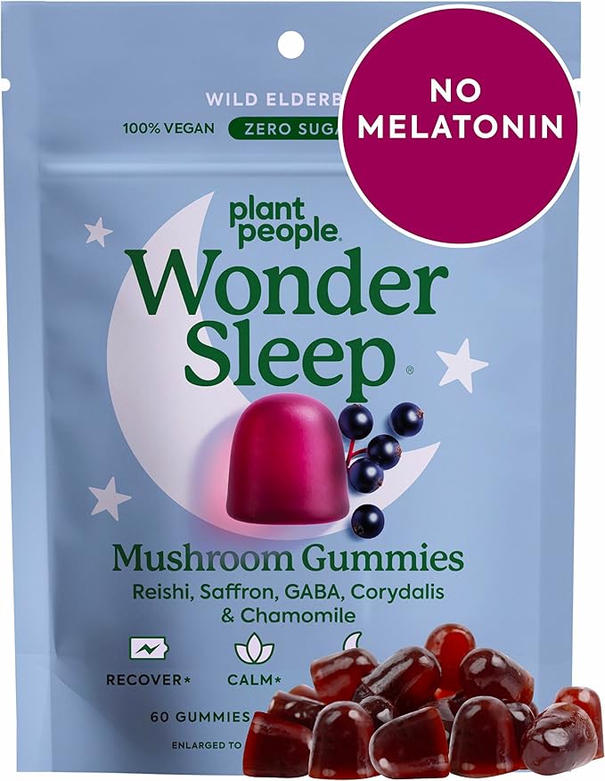 Plant People WonderSleep Mushroom Gummies Supplement for Sleep, No Melatonin with Reishi Super Mushrooms, Wild Elderberry Flavor, No Sugar (60 Count)