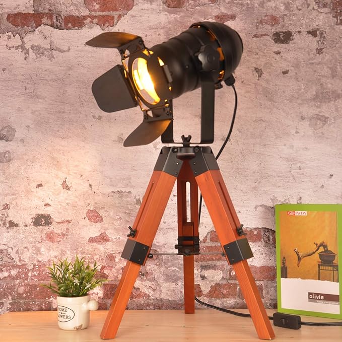 Modern Industrial Vintage Tripod Floor Table Lamp - Metal Wooden Nautical Cinema Standing Searchlight - Reading Desk Light for Living Room Movie Theatre Decoration Adjustable Height (Black+Wood)