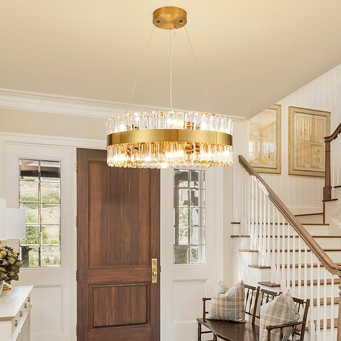 MADEM Modern LED Circular Crystal Chandeliers,Gold Chandelier Light Fixture, Contemporary Pendant Ceiling Light for Dining Room Living Room Kitchen Island,E12 x 12.