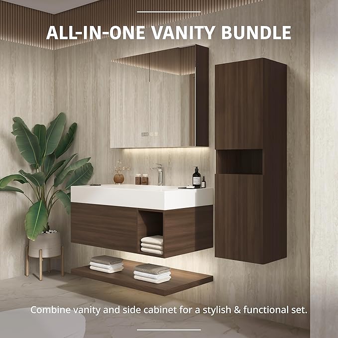 42" Modern Floating Bathroom Vanity Set with Sink, Side Cabinet, LED Smart Mirror Cabinet, Soft-Close Drawer & Open Storage Shelves, Walnut