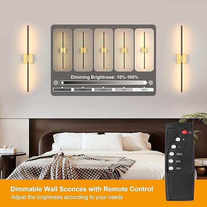 40″ Walnut Battery Operated Wall Sconces Set of Two, Dimmable Wall Sconce with Remote Control, Rechargeable Sconces Wall Lighting, LED Wireless Wall Lights for Bedroom, Living Room