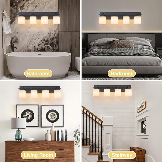 4 Light Modern Bathroom Light Fixtures Over Mirror, Black Vanity Lights for Bathroom Wall Sconces with Milky White Glass Shades, E26 Socket (Bulbs Not Included)