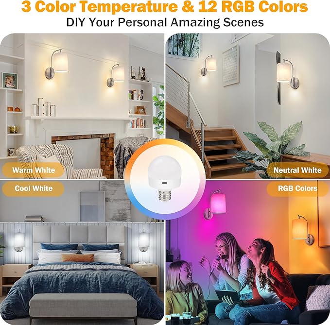 Battery Operated Wall Sconce Set of 2, Brushed Nickel Rechargeable Dimmable Wall Light Fixture Remote, 12 RGB Colors & Timer, Wireless Lamp White Shade