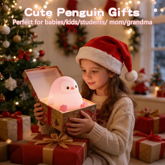 Penguin Night Light for Kids,Cute Pink Penguin Lamp,Soft Silicone Nursery Nightlight,LED Squishy Novelty Animal Bedside Lamp,Rechargeable/Dimmable/Timer,Room Deco,Christmas Gifts for Mom Girls Baby