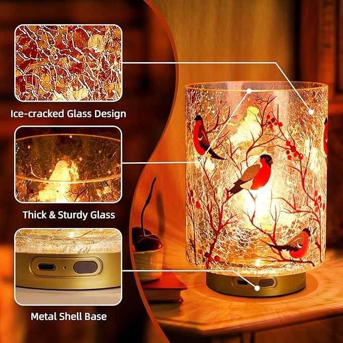 Rechargeable Battery Table Lamp Timer, Handmade Crackle Glass Lamps with Two-Level Dimmer, Emergency Cordless Lamp for Area No Plug, Decorative Mood Light for Entryway/Corner/Bedroom/Bathroom(Red)