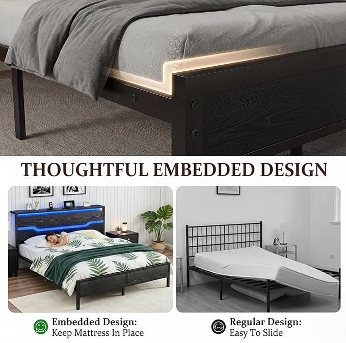 Full Size Bed Frame with LED Lights & Charging Station, Bed Frame Full with Headboard,13" Under Bed Storage, Noise-Free Heavy Duty Metal Support, Modern Black