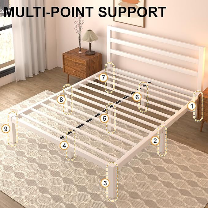 Full Size Bed Frame, Metal Platform Bed Frame with Headboard, Mattress Foundation with Spacious Underbed Storage, No Box Spring Needed, Easy Assembly, White