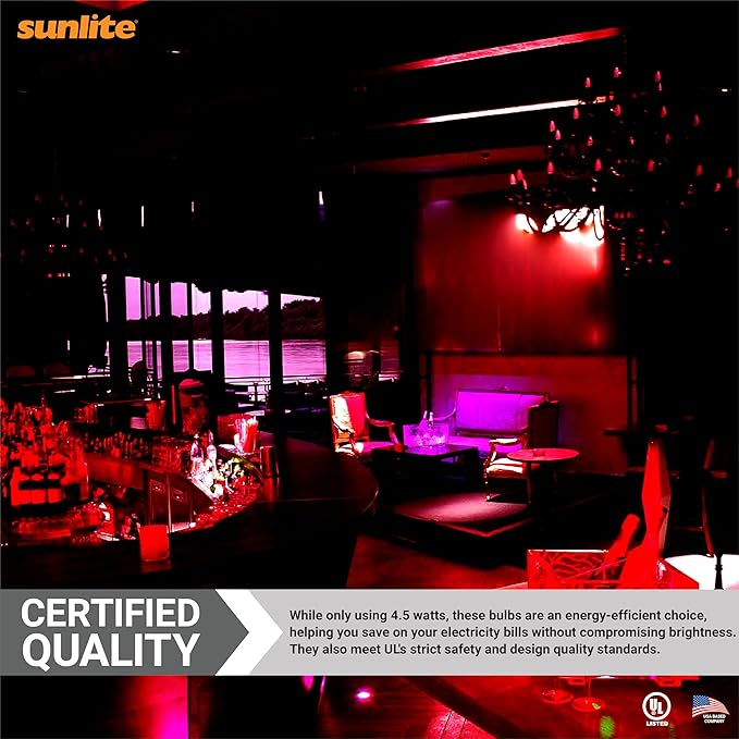 Sunlite 40943 LED Colored Filament A19 Light Bulb, 4.5 Watts, Medium E26 Base, 120 Volts, Transparent Red, Dimmable, 320 Degree Beam Angle, UL Listed, 6 Count