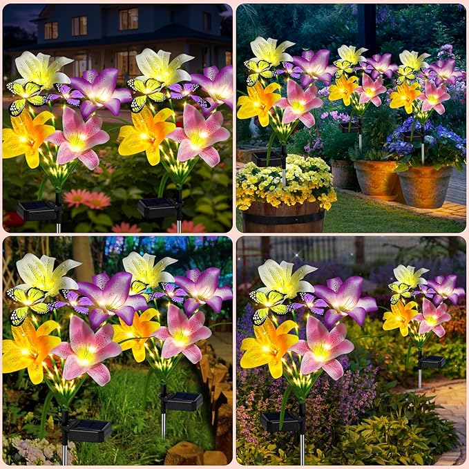 Solar Garden Lights Outdoor, 4 Pack Flower Lights for Outside, 16 Solar Lilies with Butterflies, Waterproof Garden Decor for Yard, Patio, Gifts for Women Mom (4 pcs Lilies)