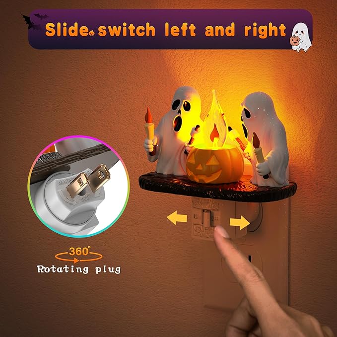 Halloween Night Light,Amber Night Lights Plug into Wall,Cute & Funny Flaming Jumping Night Light,Plug in Ghost & Pumpkin Nightlight with 360° Rotatable for Kids Halloween Party Decor, 2 Pack