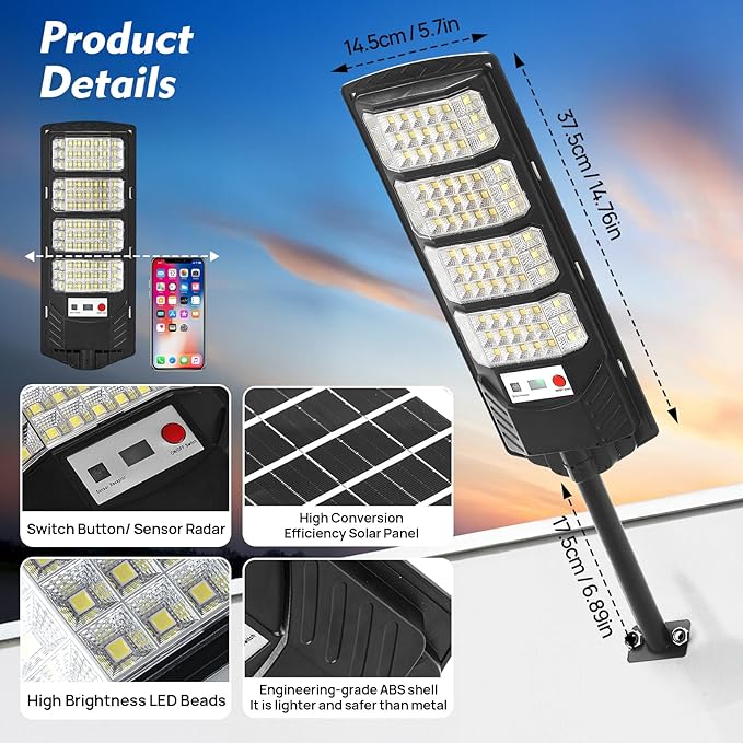Solar Street Light Outdoor Waterproof, Motion Sensor Solar Powered Light, Dusk to Dawn LED Solar Parking Lot Flood Light for Outside, Yard, Garden, Path-4PC