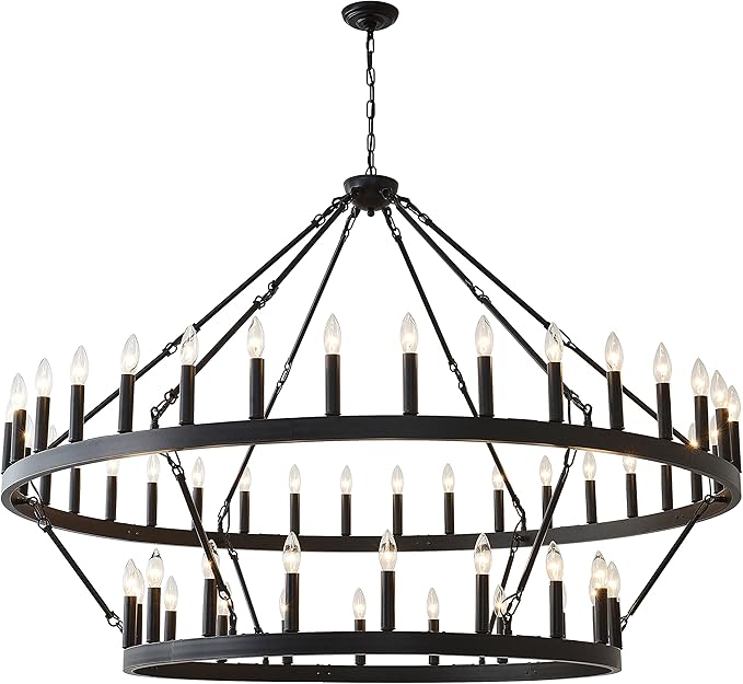 2 Tier Large Black Wagon Wheel Chandelier Farmhouse Industrial Chandelier Rustic Pendant Light Fixture Extra Large Wheel Chandeliers for high Ceilings (Black, 60 Inch 2 Tier 54-Lights)