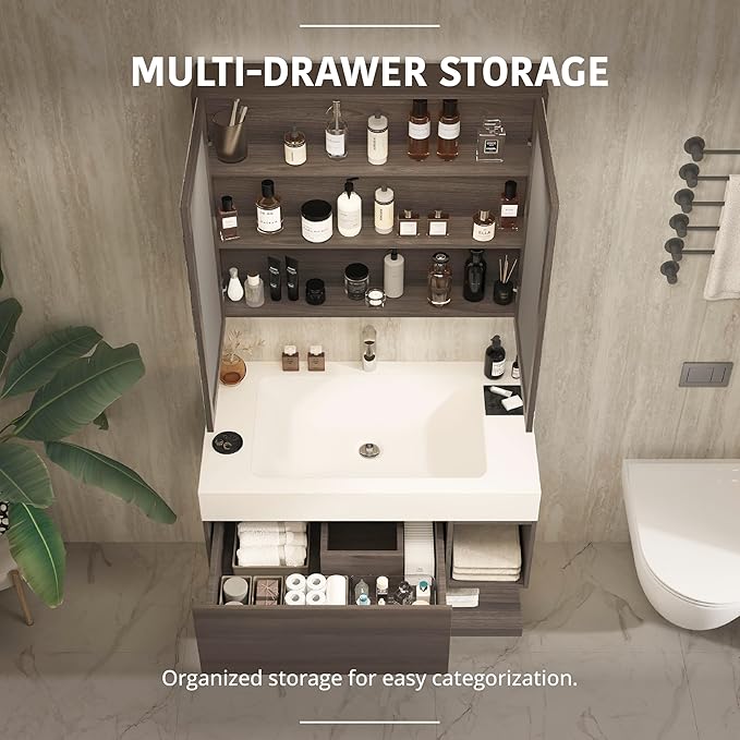 42" Modern Floating Bathroom Vanity Set with Sink, LED Smart Mirror Cabinet, Soft-Close Drawer and Open Storage Shelves, Grey Oak