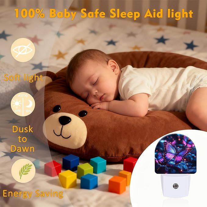 Glowing Purple Butterfly Night Light, Dusk-to-Dawn Auto Sensor Plug in Night Light for Kids, 0.5W Energy Saving LED NightLights for Bedroom/Bathroom, Ideal Gifts for Women Men