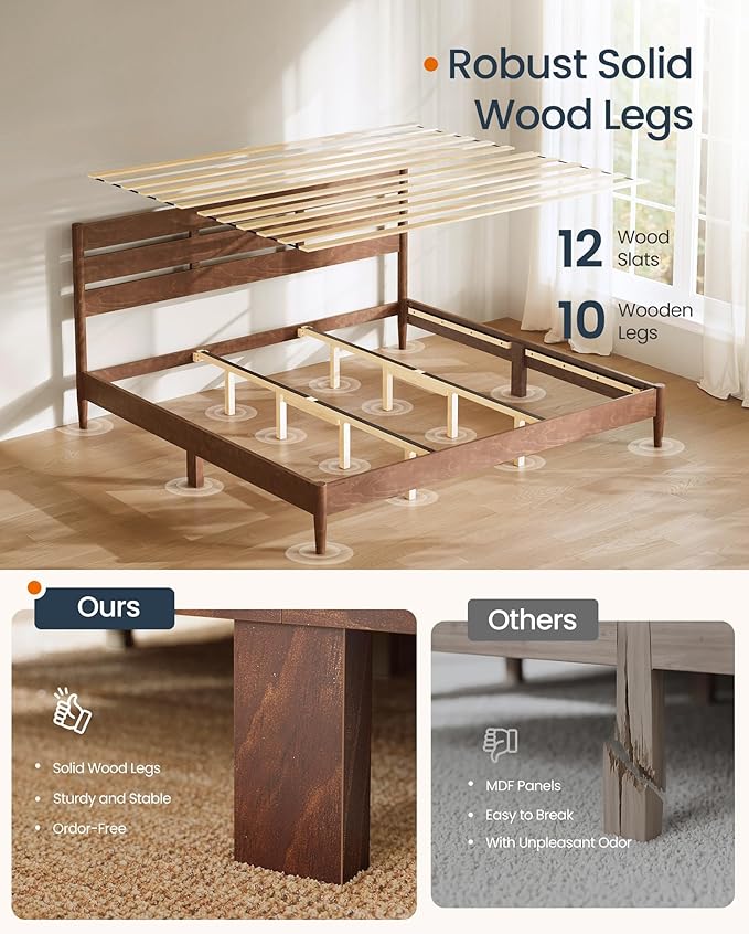 SONGMICS Home King Bed Frame with Headboard, LED Lights & Charging Station, Solid Wood Legs and Slats, Mid-Century Modern Platform Bed, No Box Spring Needed, Coffee Brown URMB414K02V1