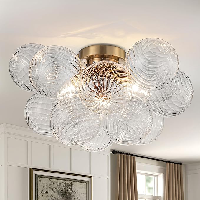 GoYeel Semi Flush Chandelier Gold, Modern Light Fixtures Ceiling Mount Lighting Pendant 3 Light Dining Chandeliers Over Table Glass 18.5" 13 Clear Swirled Globe for Foyer Bedroom Kitchen