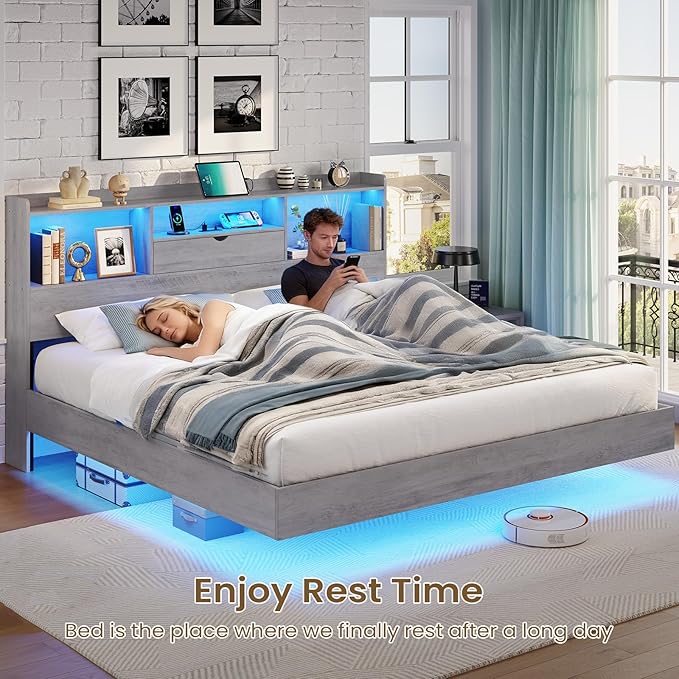 DICTAC King Floating Bed Frame with LED Lights and Headboard Storage, Visual Floating Bed with Charing Station, King Size Metal Platform Bed with Stable Structure, No Box Spring Need, Easy Assembly