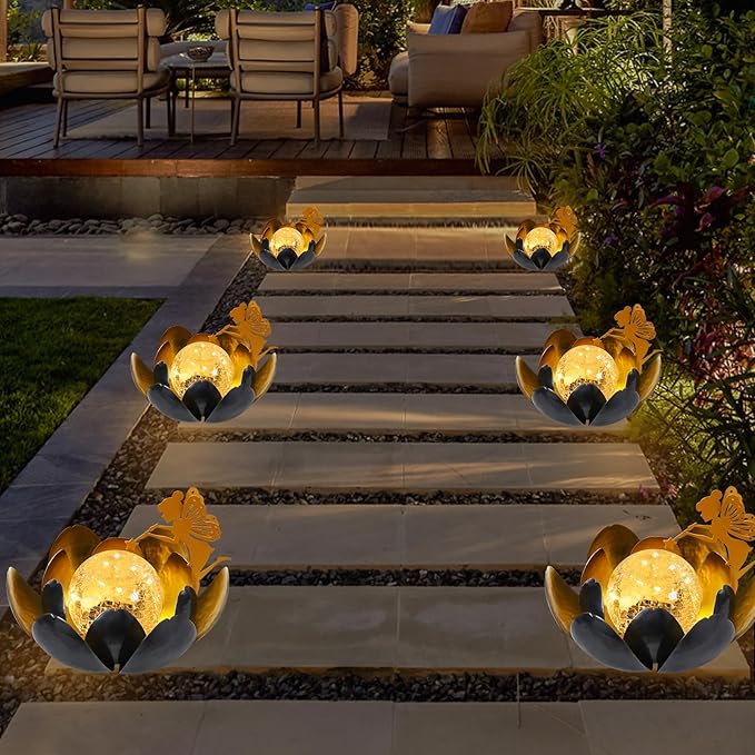 Afirst Solar Lights Outdoor, Solar Fairy Lotus Lamp Garden Decor Metal Crackle Glass Decorative Waterproof Tabletop Landscape Path Light LED Table Light for Patio,Lawn,Walkway,Tabletop,Pathway