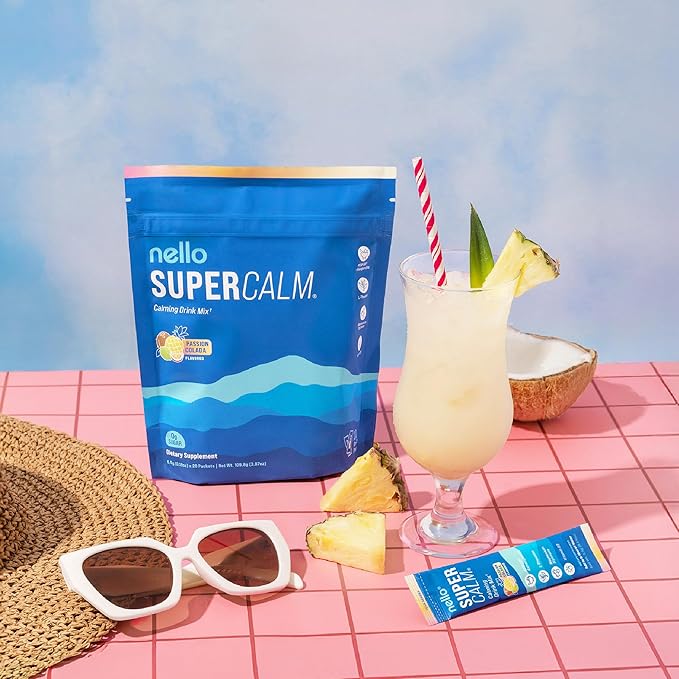 Nello Supercalm Powdered Drink Mix, Cortisol Reducer* and Sleep Aid Supplement, L Theanine, Ksm-66 Ashwagandha, Magnesium Glycinate, Vitamin D 3, No Sugar, Non GMO, On The Go, 20 Ct, Passion Colada