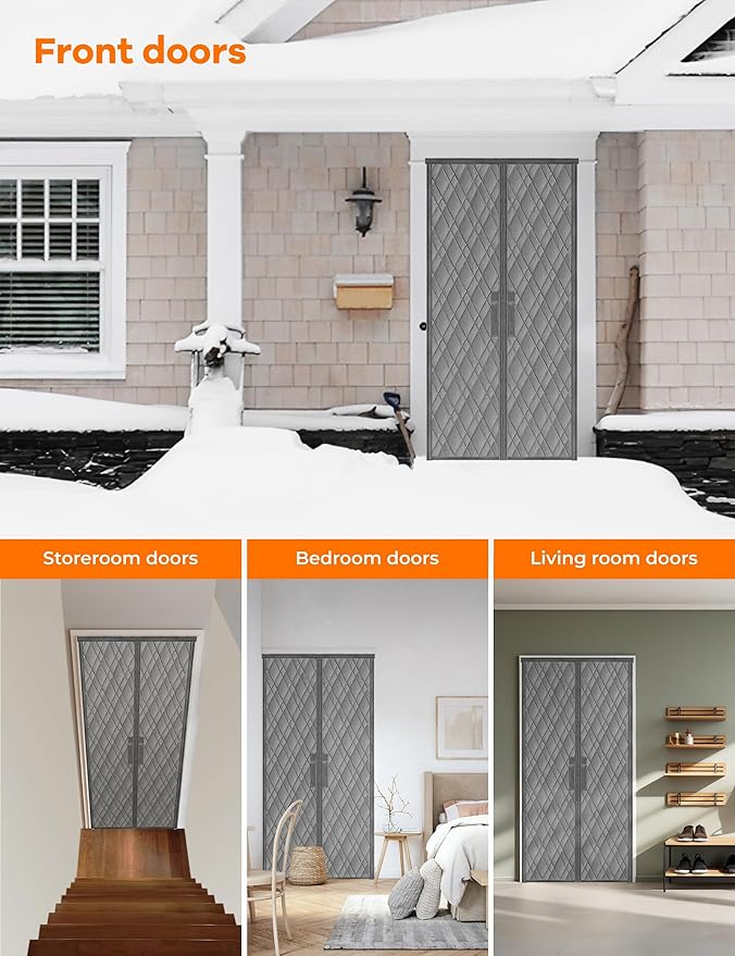 Insulated Door Curtains for Doorways/Front/Back/Basement, Fit Size up to 36 x 82 Inches, Magnetic Thermal Door Cover for Winter, Oxford Filled with Thick Cotton to Keep Warm, Grey, Diamond