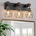 Farmhouse Bathroom Vanity Light Fixtures, 3-Light Wood Bathroom Light Fixtures Over Mirror, Rustic Sconces Wall Lighting with Elegant Metal Lampshade for Living Room, Bedroom, Hallway