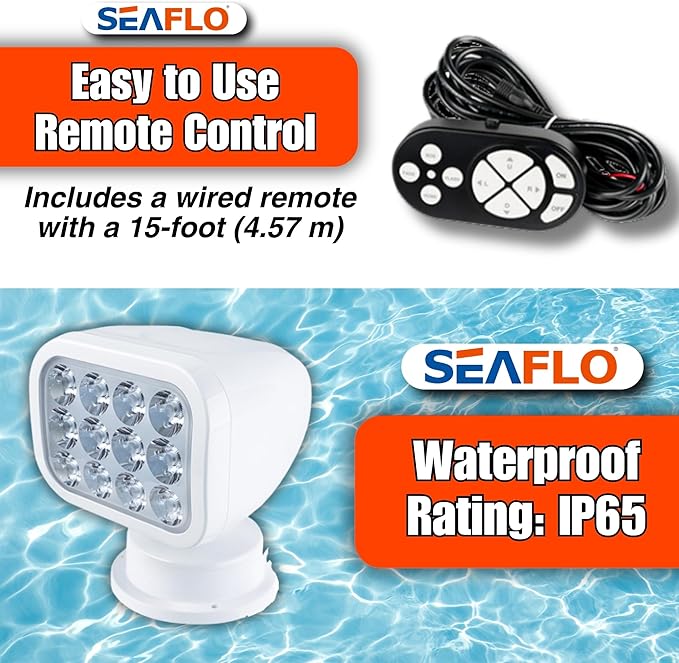 SEAFLO 360° Rotating Remote Control LED Searchlight, 10-30V, Auto-Reset, IP66 Waterproof, Marine Spotlight for Boats, Truck, Vehicles, CE & Rohs Certified (Wired Remote/White//Warm Light 2700K)