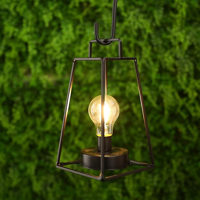 JHY DESIGN Retro Style Geometric Table Lamp 10''High Simple Iron Art Cordless Lamp Battery Powered Lamp with 6-Hours Timer Feature Cage Wireless Light for Balcony Party Indoor Outdoor(Short, Black)