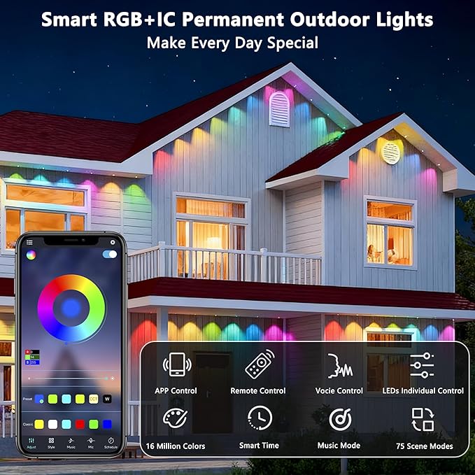 Permanent Outdoor Lights, 100ft with 90 RGB+IC LED Lights for House, 75 Scene Modes, IP68 Waterproof Eave lights Compatible with Alexa, Google Assistant for Halloween, Christmas, Outdoor Daily Decor