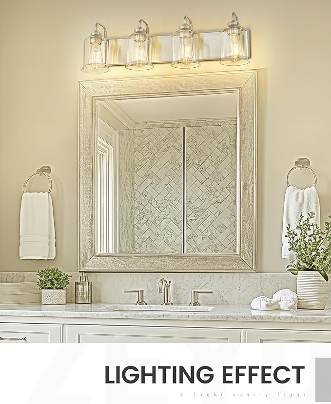 zeyu 28.5 Inch Bathroom Wall Light Over Mirror, 4-Light Vanity Lighting Fixture, Brushed Nickel Finish with Clear Glass Shade, ZSL72B-4W BN