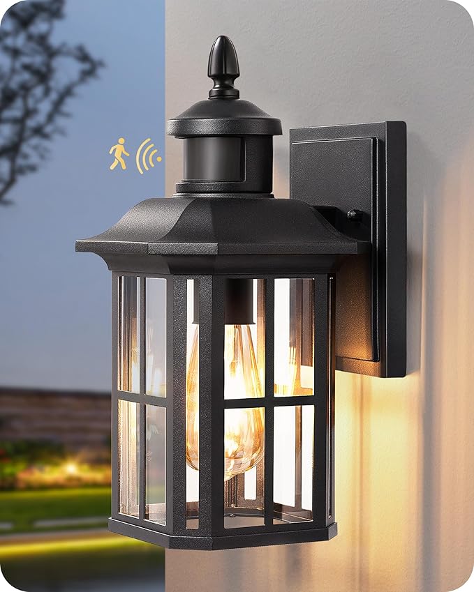 EDISHINE Motion Sensor Outdoor Wall Light, Dusk to Dawn Front Porch Light Fixture, Outdoor Wall Sconce with Clear Glass, Black Exterior Wall Lantern for Door, Garage, Patio, House